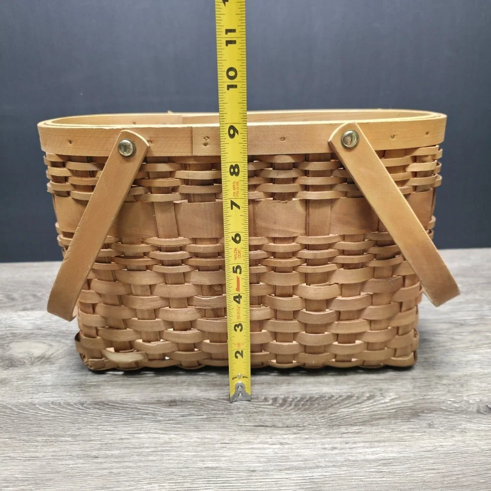Vintage Double Handled Light Brown Wooden Basket 13x6x9 Rustic Home Decor